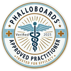 light blue and gold seal designating Rejuvall as a provider approved by the PhalloBoards