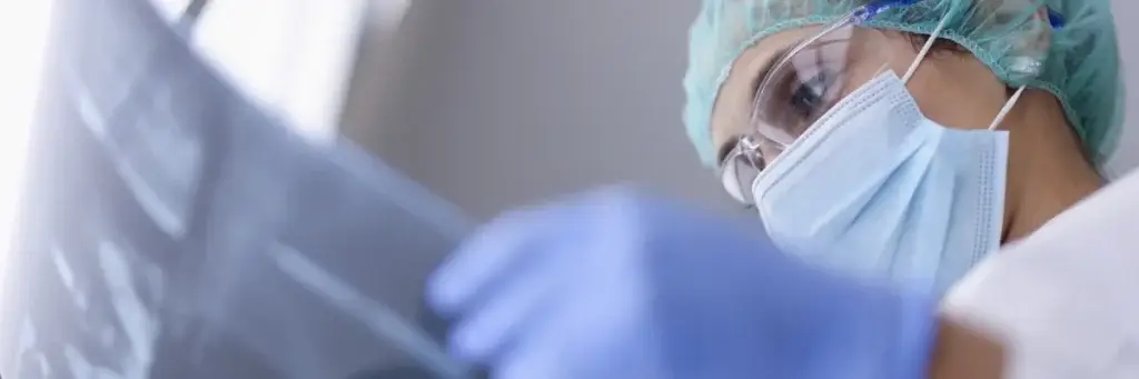Female urologist medical mask glasses