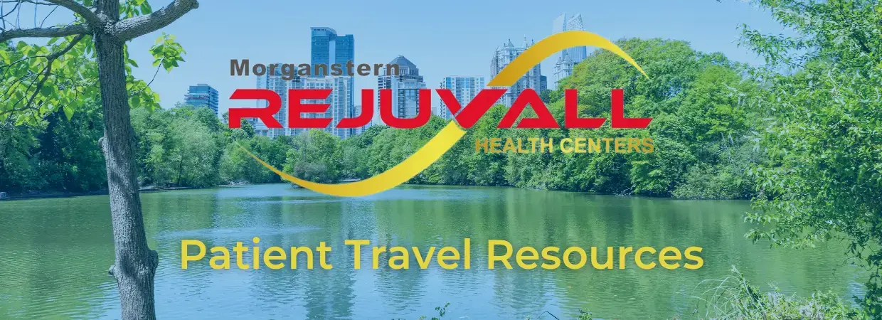 Atlanta city skyline across a lake surrounded by beautiful green trees with text overlay that reads "Morganstern Rejuvall Health Centers patient travel resources"