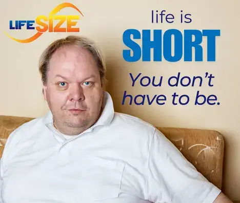 Overweight man sitting on sofa with LifeSize logo and text that reads Life is short you don't have to be