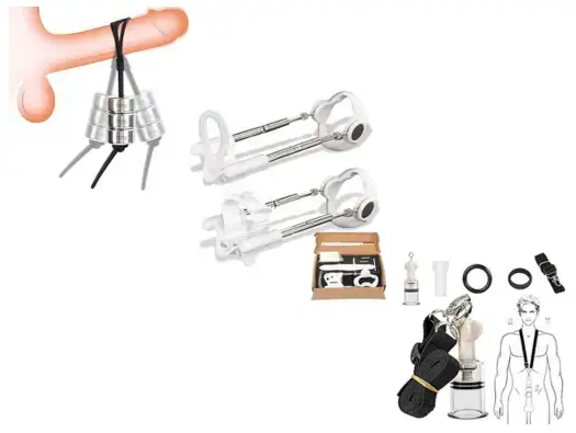 screenshots of 3 different non clinical penile stretching devices sold on Amazon
