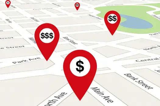 an illustrated map with red location pins scattered around it. The location pins contain various numbers of black dollar signs showing the variability in cost depending on location