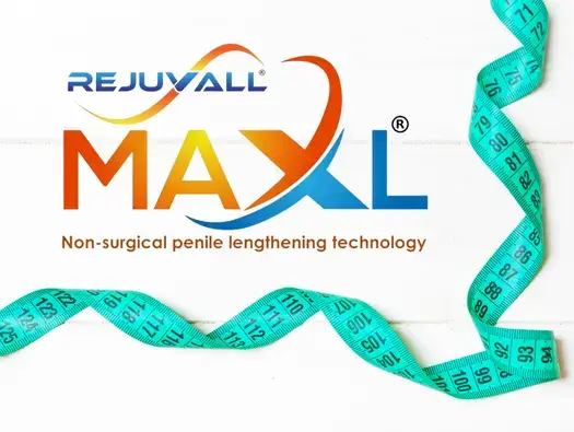Rejuvall MAXL non-surgical penile lengthening technology logo against white background with aqua colored soft measuring tape around the logo