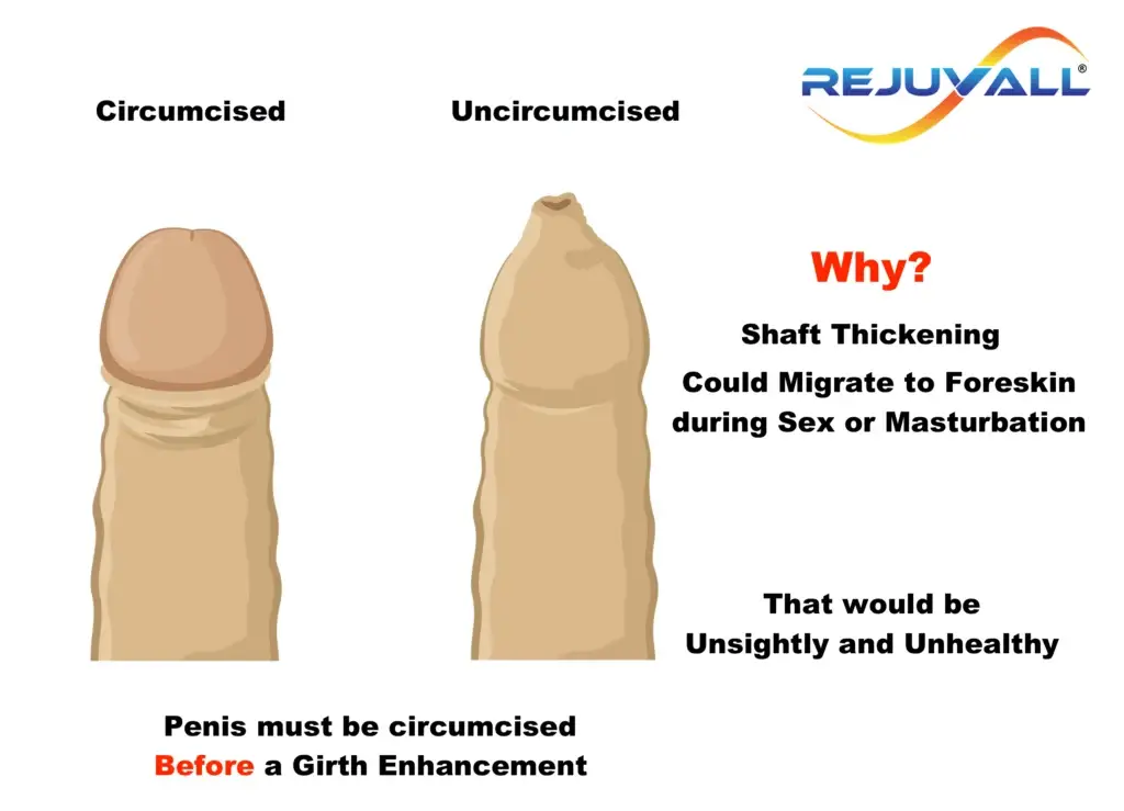 medical illustrations of a circumcised penis next to an uncircumcised penis with labels explaining why it's better to girth enhance a circumcised penis than uncircumcised