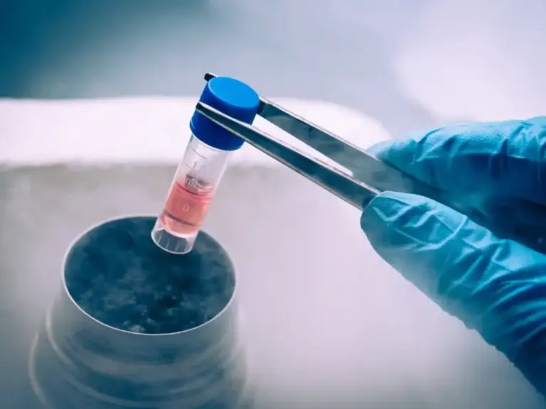 closeup of a hand in a blue medical glove pulling a vial of stem cells out of a cryogenic container