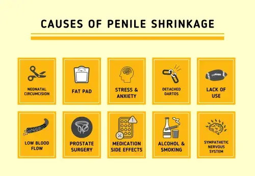 Infographic listing causes of penile shrinkage, including neonatal circumcision, fat pad, stress & anxiety, detached dartos, lack of use, low blood flow, prostate surgery, medication side effects, alcohol & smoking, and sympathetic nervous system issues. Understanding these causes can help address penis shrinkage effectively.