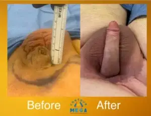 Penile plastic surgery before and after results – side-by-side comparison showing pre-surgery measurements and post-surgery enhancement. Image highlights the effects of cosmetic urology procedures for penile augmentation.