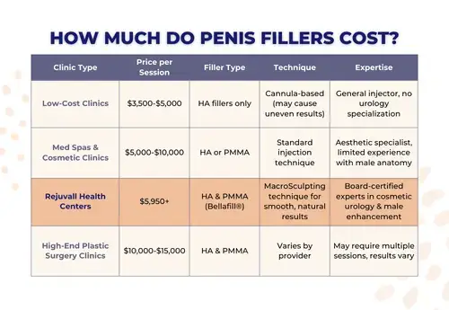 A cost comparison chart for penis filler treatments, outlining pricing, filler types, techniques, and expertise across different clinic types, including Rejuvall Health Centers.