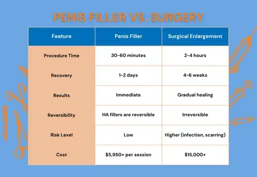 A comparison chart detailing the differences between penis filler and surgical enlargement, including procedure time, recovery, results, reversibility, risk level, and cost.