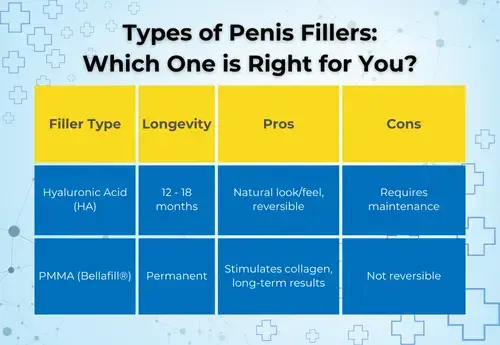 A comparison chart of penis filler types, highlighting the longevity, pros, and cons of Hyaluronic Acid (HA) and PMMA (Bellafill®) fillers for non-surgical girth enhancement.