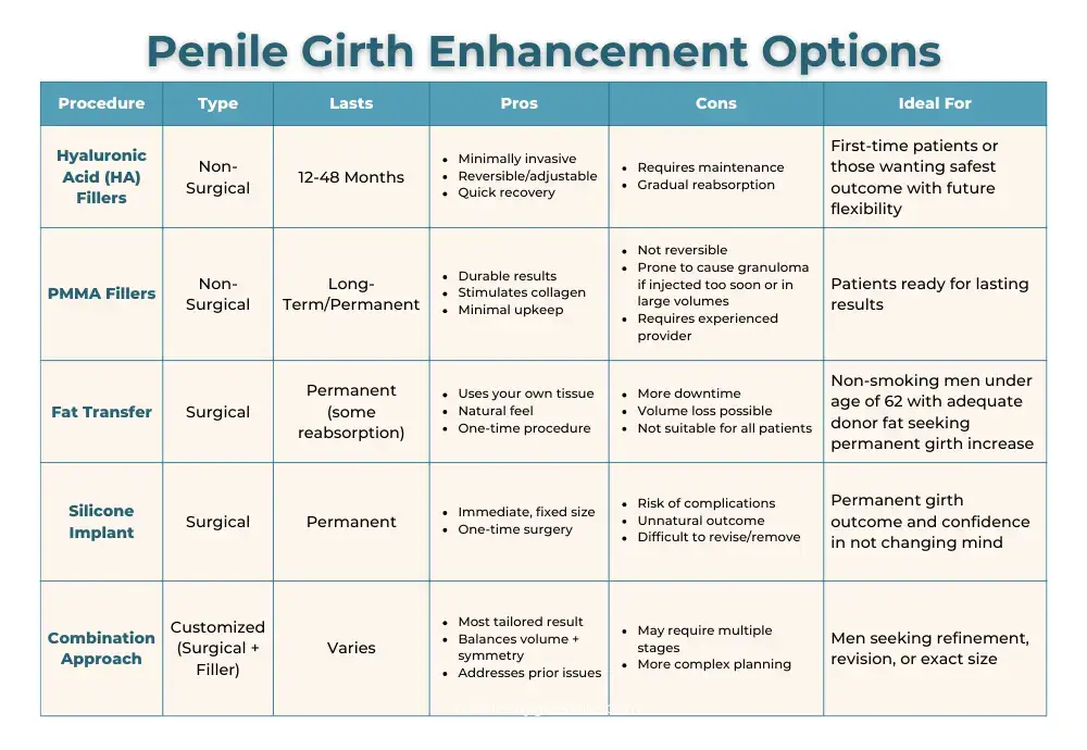 Comparison chart of penile girth enhancement options for how to get a thicker penis, including HA fillers, PMMA, fat transfer, silicone implants, and combination procedures.