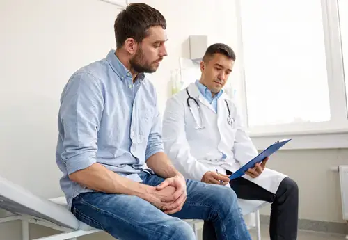 Male patient speaking with urologist about how to get a thicker penis using safe girth enhancement options like fillers or fat transfer.