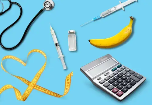 Penis size calculator concept with banana representing penis size, measuring tape, medical syringe, vial, stethoscope, and calculator on blue background – symbolic of penile enhancement and filler procedures.