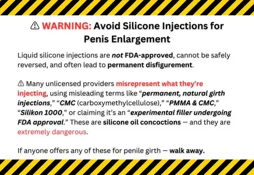 Warning about unsafe methods for how to get a thicker penis, highlighting the dangers of silicone injections and misleading terms like CMC and Silikon 1000.