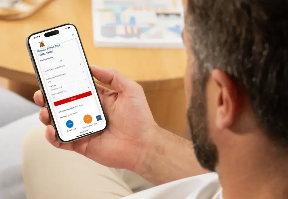 Man using the Rejuvall Penis Filler Size Calculator to estimate girth enhancement cost and potential size increase
