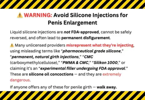 Warning sign about the dangers of silicone injections for penis enlargement, listing unsafe terms like “pharmaceutical grade silicone,” “CMC,” and “Silikon 1000,” and urging men to avoid unapproved penile girth enhancement procedures.