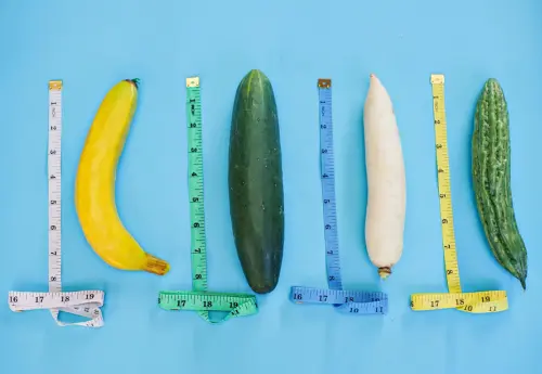 Colorful vegetables with measuring tapes represent different penis sizes and girths, illustrating a humorous but informative concept for how to measure your penis accurately.