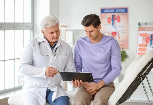 Urologist explaining penile filler granuloma vs nodule treatment options to male patient during consultation, with urology system diagram in background.