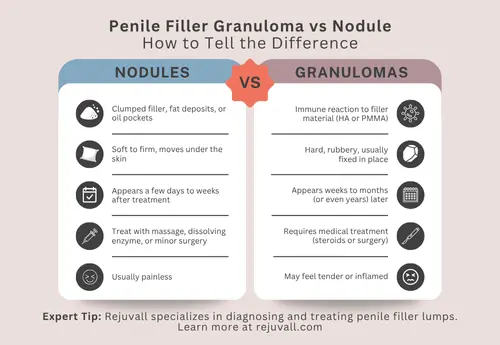 Infographic comparing penile filler granuloma vs nodule, showing key differences in causes, texture, timing, treatment, and symptoms for penile filler lumps.