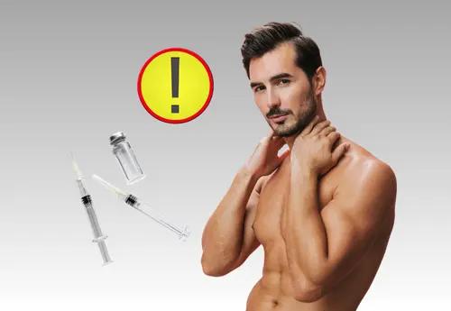Caution image showing shirtless man with warning icon and syringes, representing risks of unregulated penile filler injections and potential complications like granuloma or nodule formation.