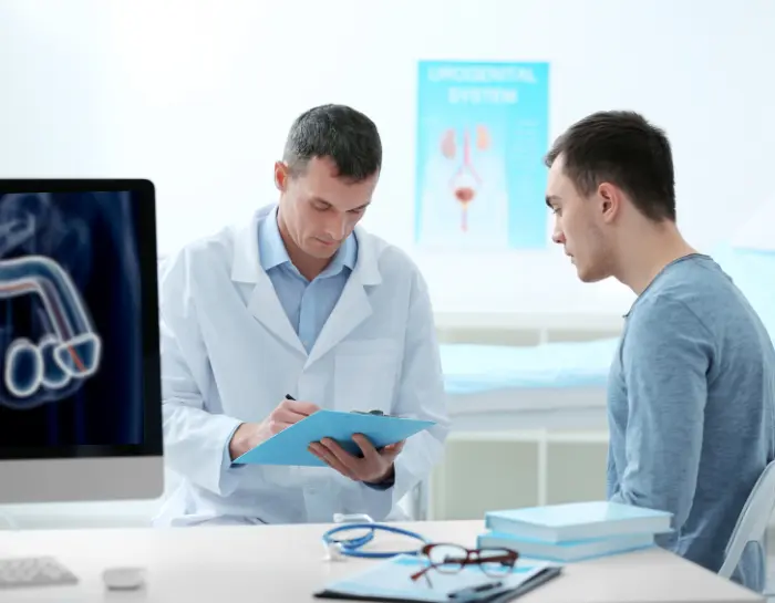 Doctor consulting a male patient in a medical office about penis enlargement options, with anatomical diagrams in the background, representing a clinical and educational approach to male enhancement.