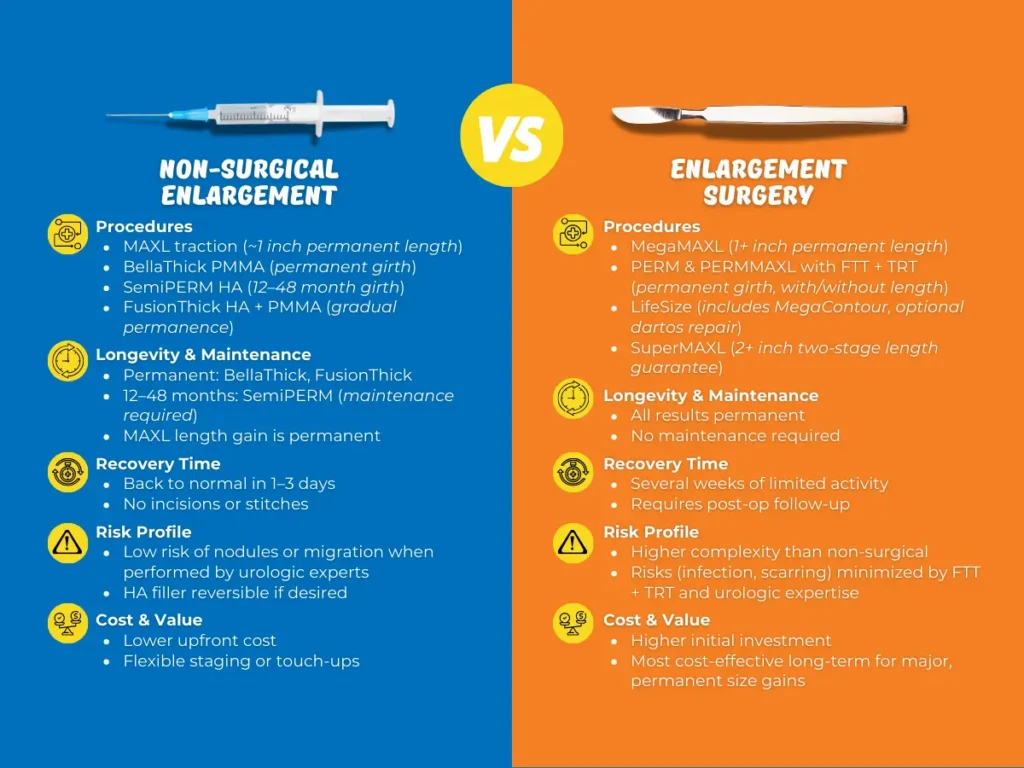 Infographic comparing non-surgical vs surgical penis enlargement. Side-by-side chart details procedures, longevity, recovery time, risk profile, and cost/value for MAXL, BellaThick, SemiPERM, FusionThick, MegaMAXL, PERM, PERMMAXL, SuperMAXL, and LifeSize (including MegaContour).