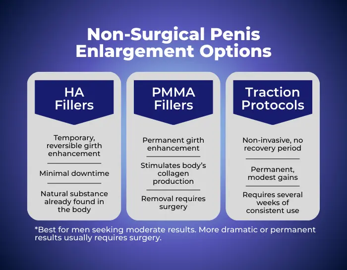 Infographic comparing non-surgical penis enlargement options including HA fillers, PMMA fillers, and traction protocols with details on benefits, risks, and results.