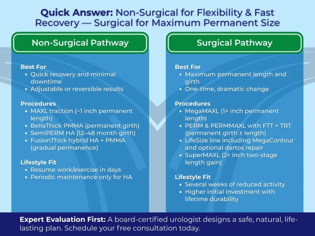 Infographic showing how to choose between non-surgical and surgical penis enlargement. Side-by-side chart lists best candidates, procedures, lifestyle fit, and recovery time. Highlights MAXL, BellaThick, SemiPERM, FusionThick, MegaMAXL, PERM, PERMMAXL, LifeSize with MegaContour, and SuperMAXL. Bottom banner urges a board-certified urologic consultation and free phone consult.