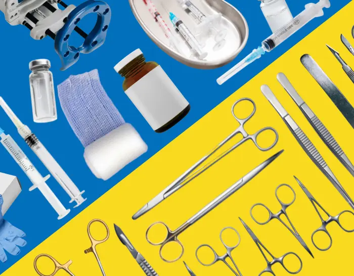 Split-screen image showing non-surgical and surgical penis enlargement tools. Left side (blue) displays non-surgical items like syringes, vials, traction device, and medical supplies. Right side (yellow) shows surgical instruments such as forceps, scalpels, and clamps—illustrating the contrast between non-surgical and surgical procedures.