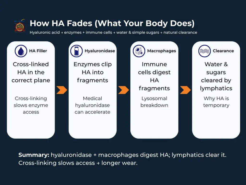 How HA penis filler fades—hyaluronidase enzymes and macrophages break hyaluronic acid into water/sugars; lymphatics clear it; cross-linking slows fade.