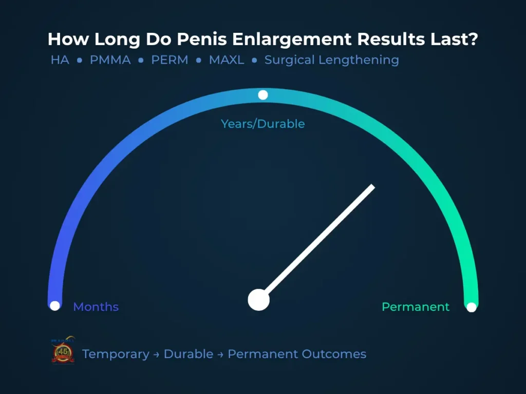 Longevity gauge showing how long penis enlargement results last—from months to permanent across HA, PMMA, PERM, MAXL, and surgical lengthening.