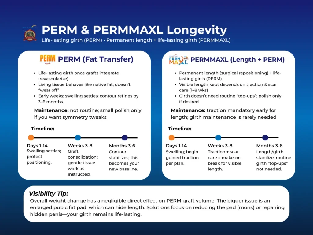 PERM and PERMMAXL longevity timelines—life-lasting girth and permanent length with traction/aftercare milestones (days 1–14, weeks 3–8, months 3–6).