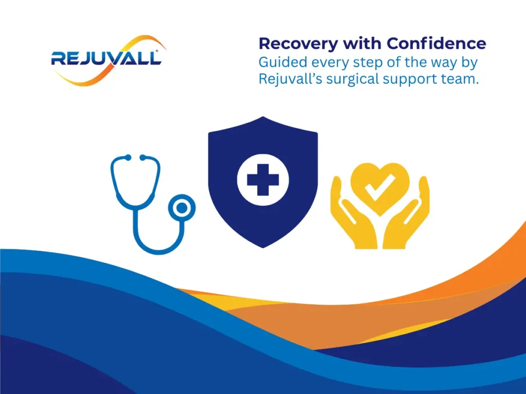 Rejuvall surgical support team graphic with stethoscope, shield, and caring hands icons illustrating guided penis enlargement recovery.