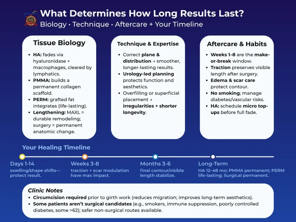 What determines penis enlargement longevity—tissue biology, technique/expertise, aftercare habits—with healing timeline and clinic notes.