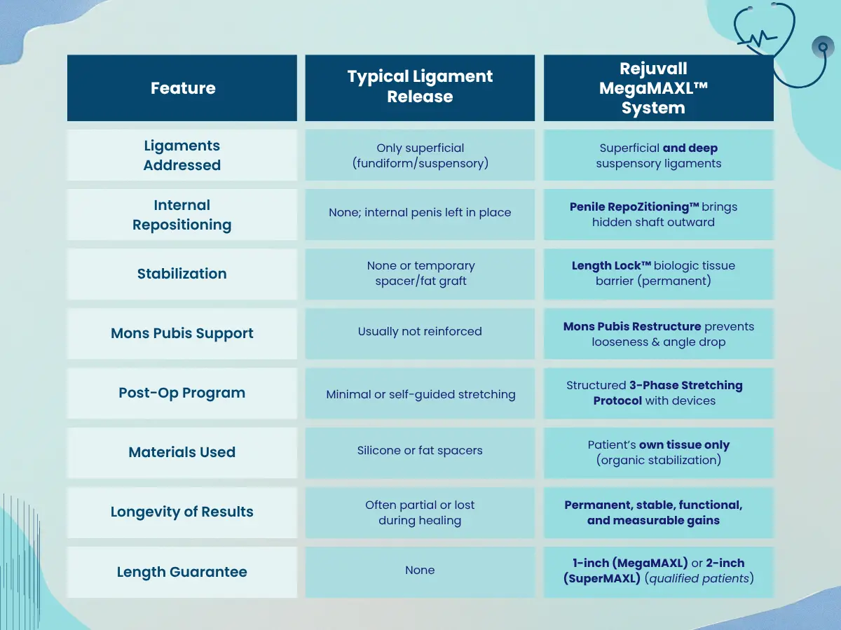 Comparison chart highlighting differences between a typical ligament release surgery and Rejuvall’s MegaMAXL penis lengthening system, including repositioning, stabilization, and guaranteed results.