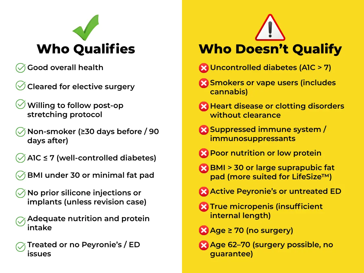 Two-column infographic showing who qualifies and who doesn’t for Rejuvall’s penis lengthening surgery, with medical and anatomical eligibility criteria displayed in a clinical format.