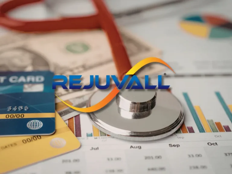Rejuvall logo over stethoscope, credit cards, and charts representing non-surgical procedure pricing and financing.