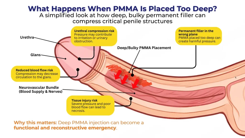 Medical infographic showing how deep PMMA penile filler placement can compress the urethra, blood supply, and surrounding tissue, increasing the risk of necrosis
