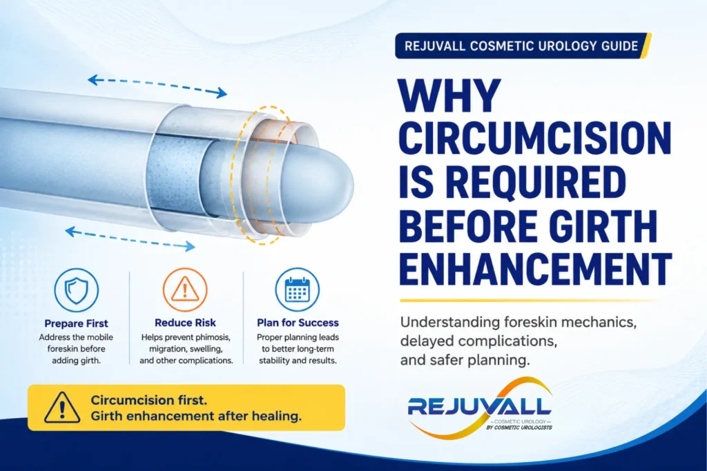 Medical editorial illustration explaining why circumcision is required before penile girth enhancement at Rejuvall