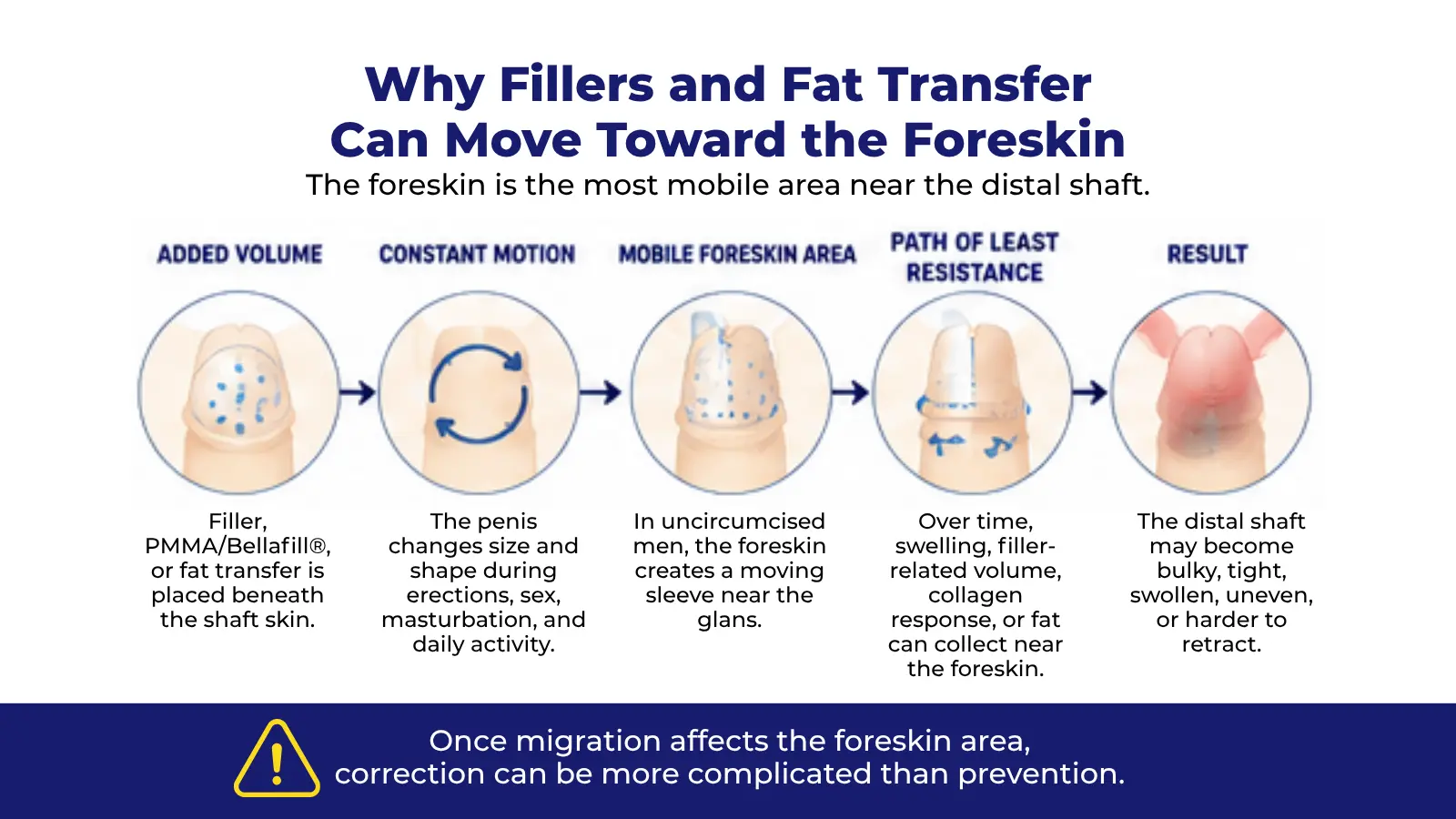Medical infographic explaining how penile filler or fat transfer volume can migrate toward the foreskin after girth enhancement