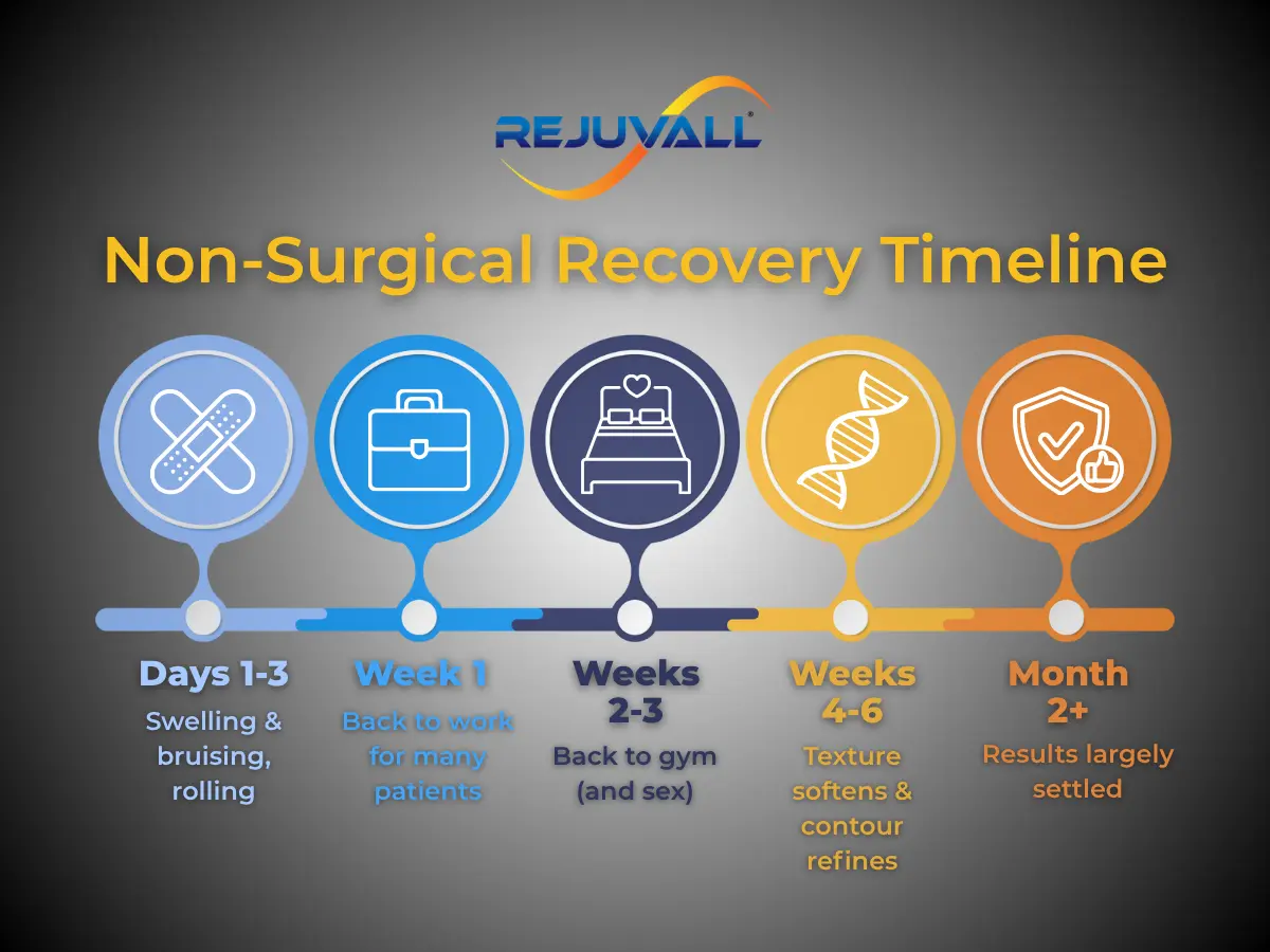 Non-surgical penis enlargement recovery timeline infographic by Rejuvall showing swelling, shaping, return to work, and when filler results largely settle.