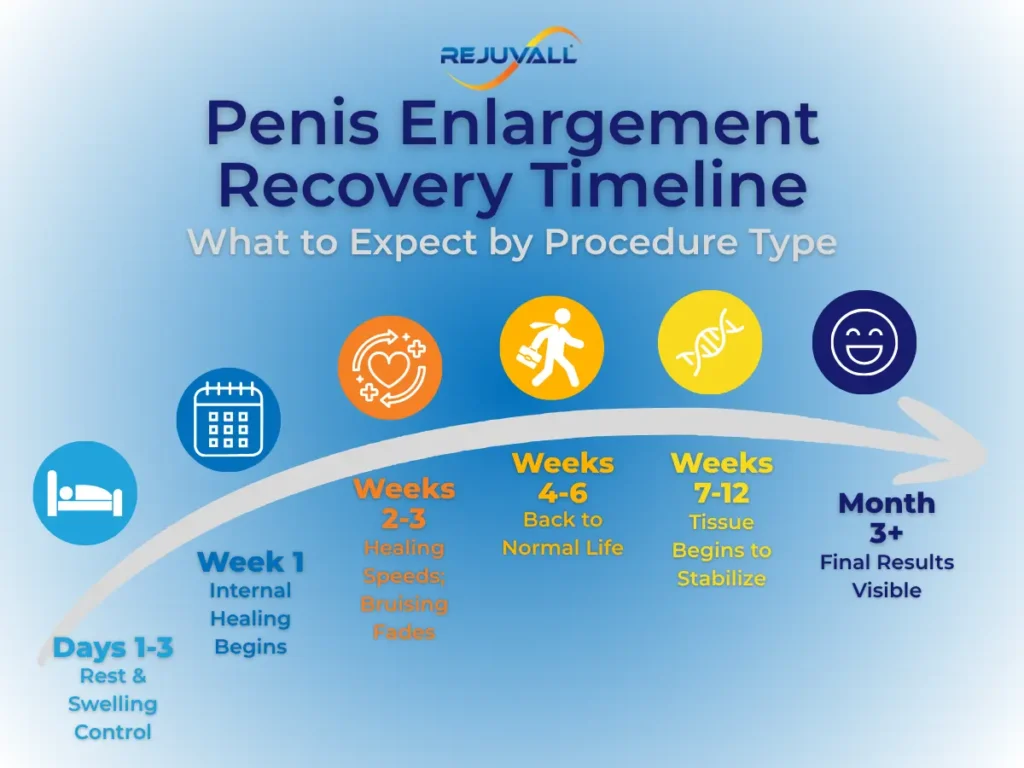 Penis enlargement recovery timeline infographic by Rejuvall showing healing milestones from days 1–3 through month 3 and beyond by procedure type.