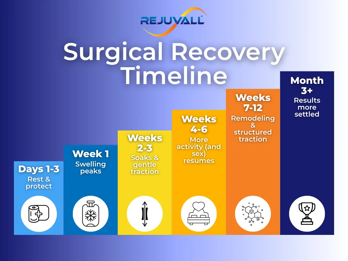 Surgical penis enlargement recovery timeline infographic by Rejuvall showing healing stages including swelling, soaks, traction, remodeling, and when results become more settled.