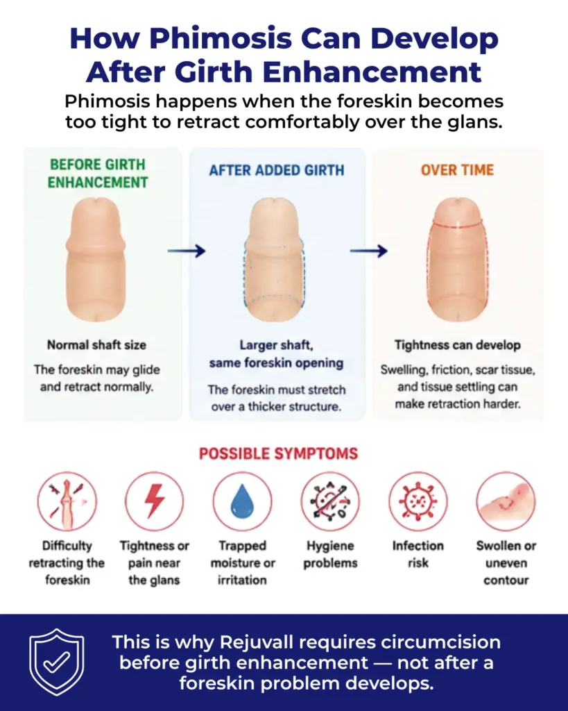 Diagram explaining how phimosis can develop after penile girth enhancement in uncircumcised men