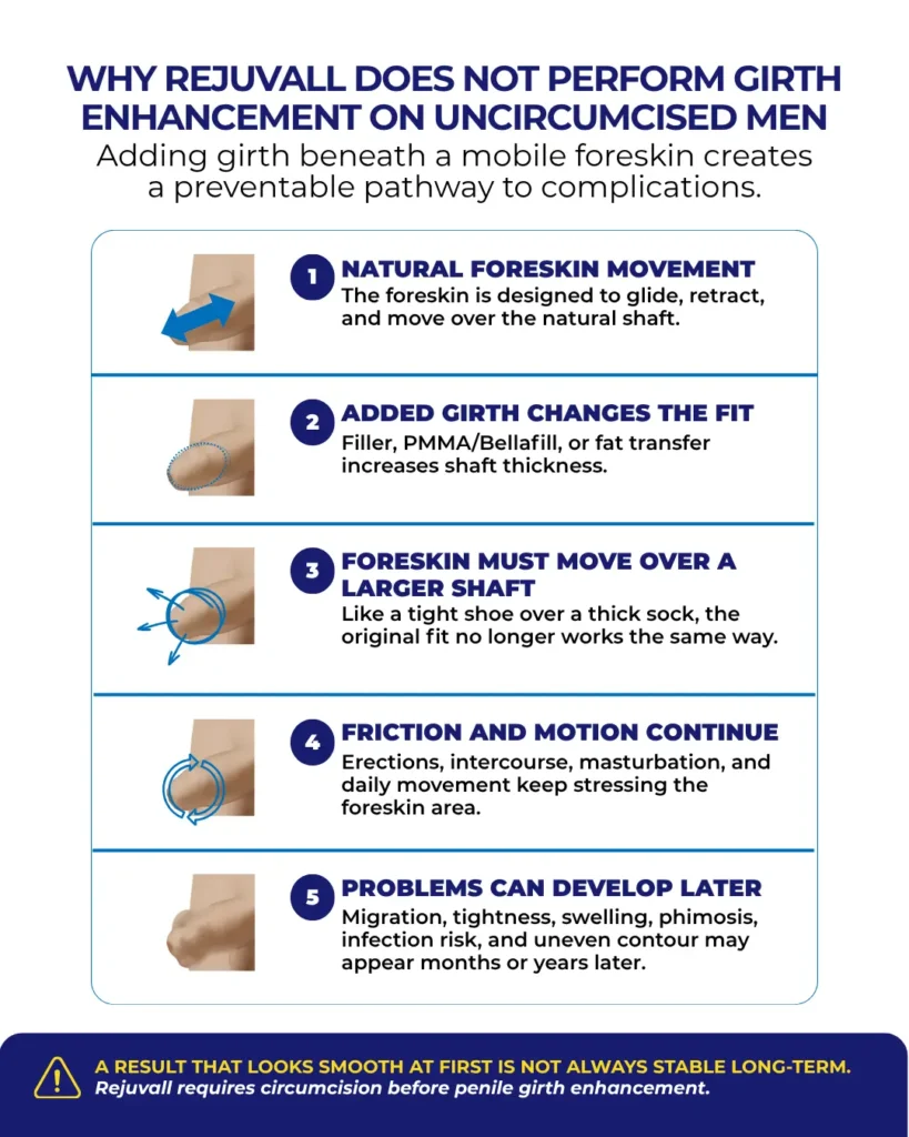 Infographic showing why uncircumcised penile girth enhancement can increase the risk of foreskin complications
