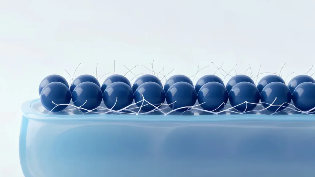 Medical illustration showing an HA filler foundation beneath Bellafill PMMA microspheres for staged permanent girth enhancement