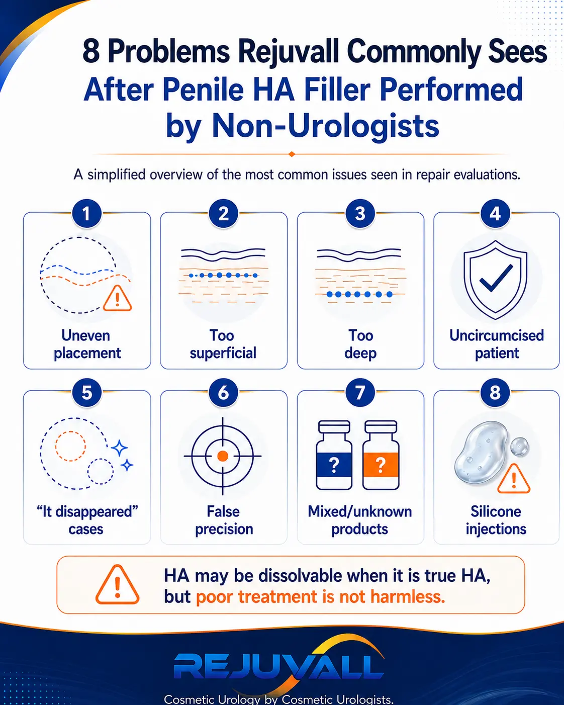 Infographic showing eight common problems Rejuvall sees after penile HA filler performed by non-urologists, including uneven placement, superficial placement, deep placement, uncircumcised patients, disappearing filler, false precision, mixed products, and silicone injections.