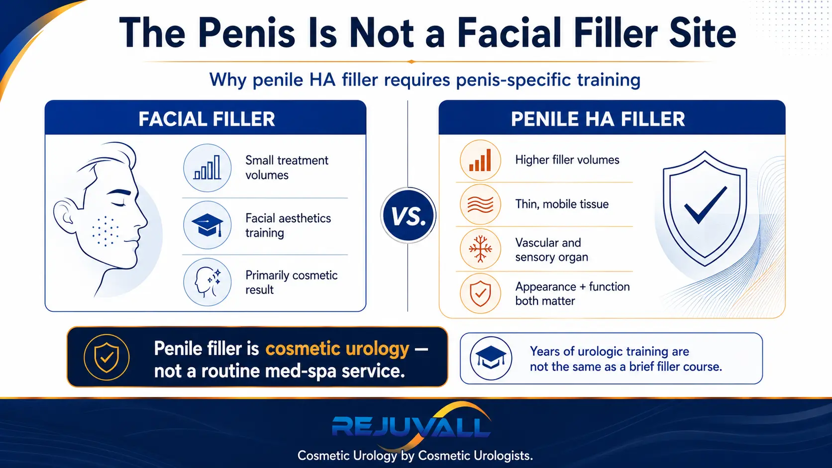 Comparison infographic showing why penile HA filler is different from facial filler, including higher filler volumes, thin mobile tissue, vascular anatomy, and the need for urologic training.