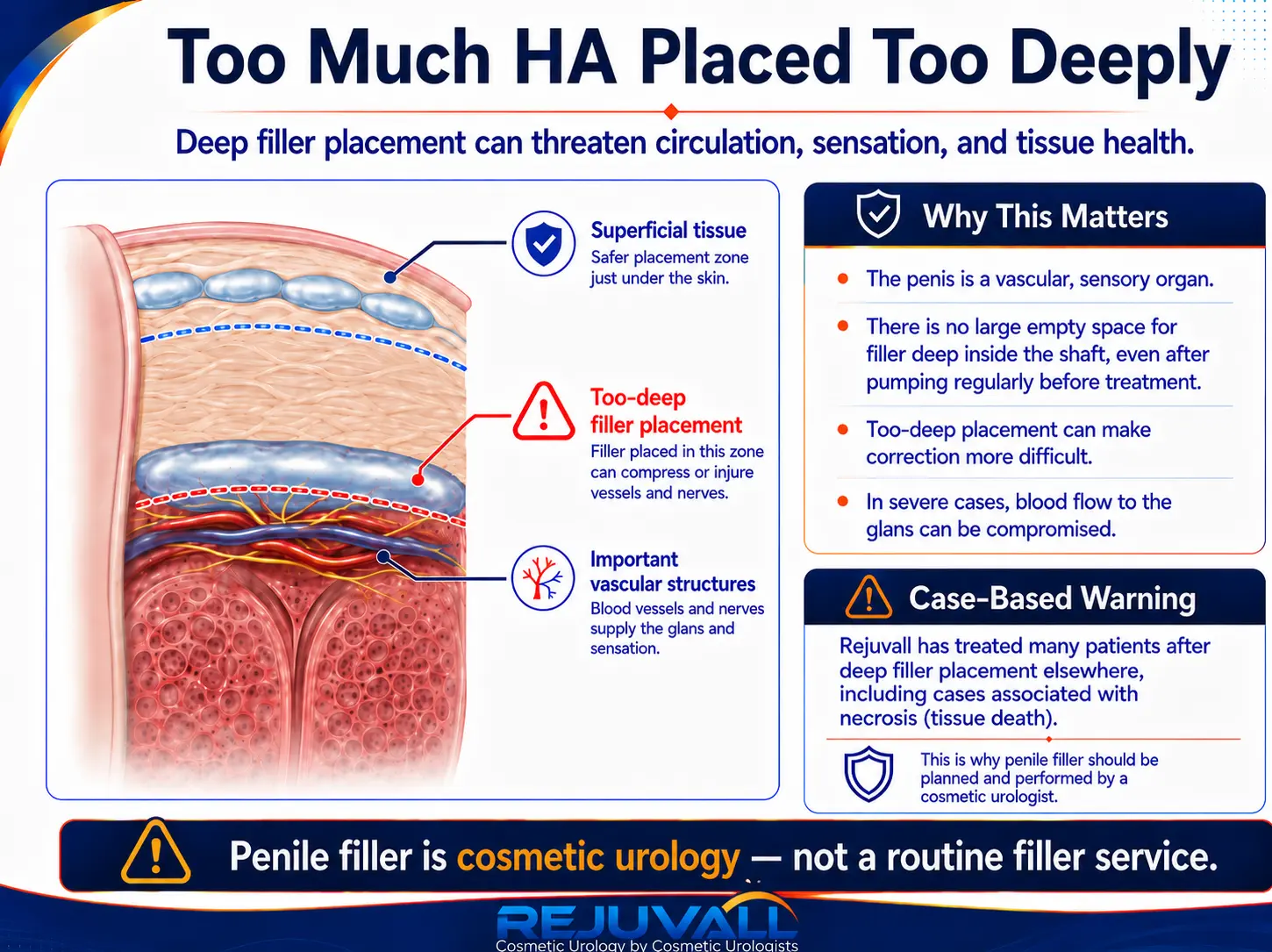 Infographic showing how too-deep penile HA filler placement can compress blood vessels and nerves, threaten circulation and sensation, and increase the risk of tissue damage and necrosis.