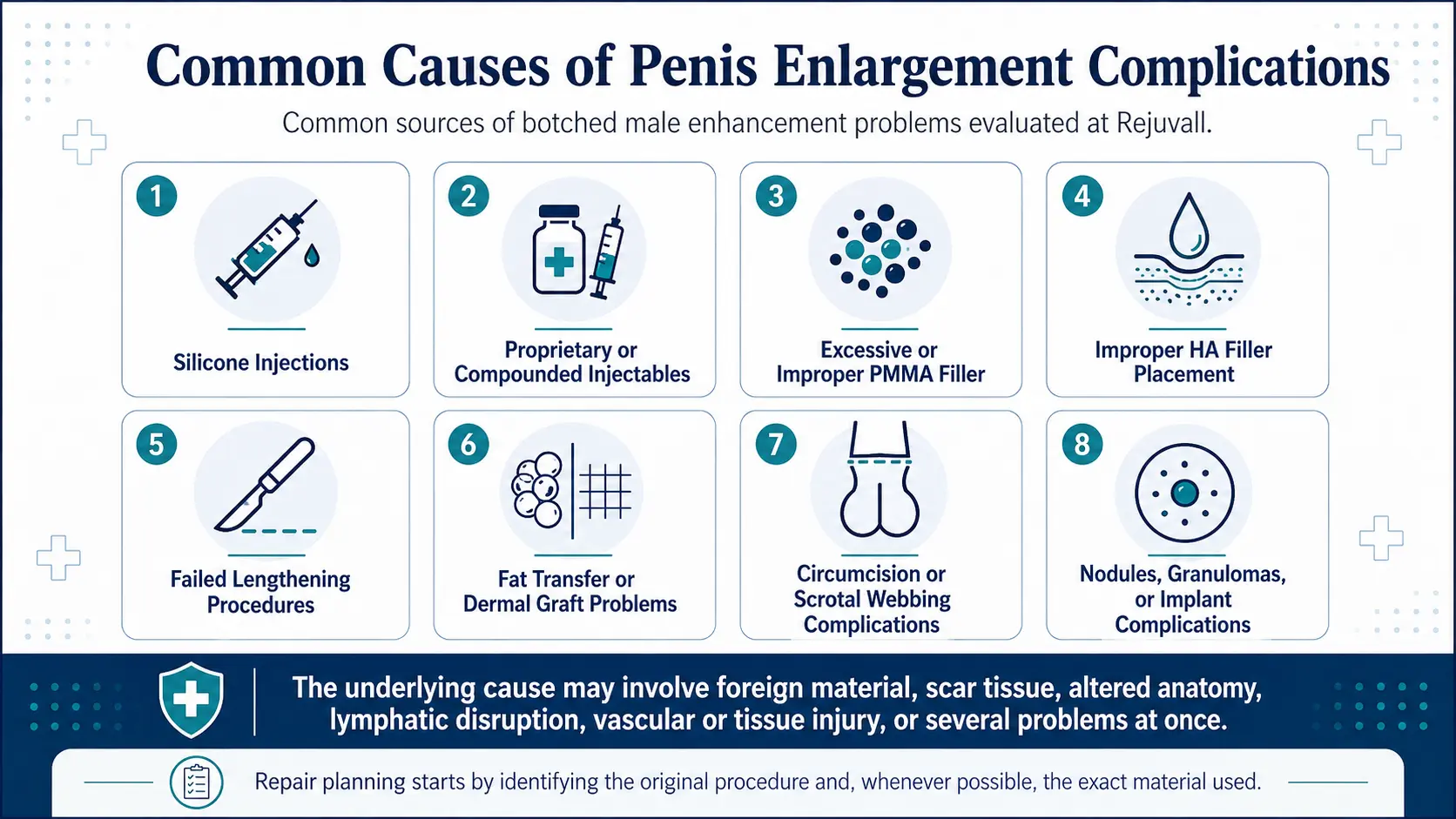 Infographic showing common causes of penis enlargement complications, including silicone injections, PMMA filler, HA filler, failed lengthening, fat transfer, circumcision, scrotal webbing, nodules, granulomas, and implants.